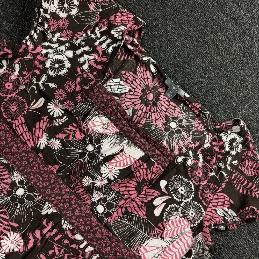 Y2K Women's Cap Sleeve Baby Doll Back Tie Shirt Brown Pink Floral Apt 9 Size XL